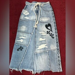 Free People - Ultra RARE!!! Patchwork Denim Maxi Skirt w/ heart & other details!